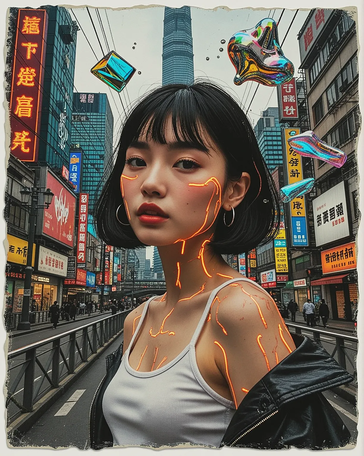 Neon Shanghai Stride — Guochao Mixed-Media Collage