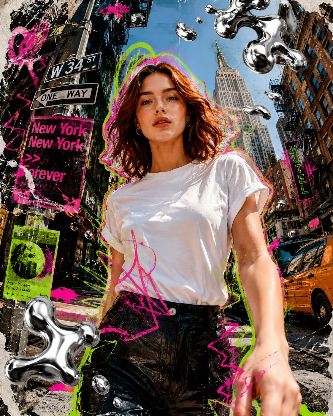 Neon Scribble NYC — Mixed Media Collage