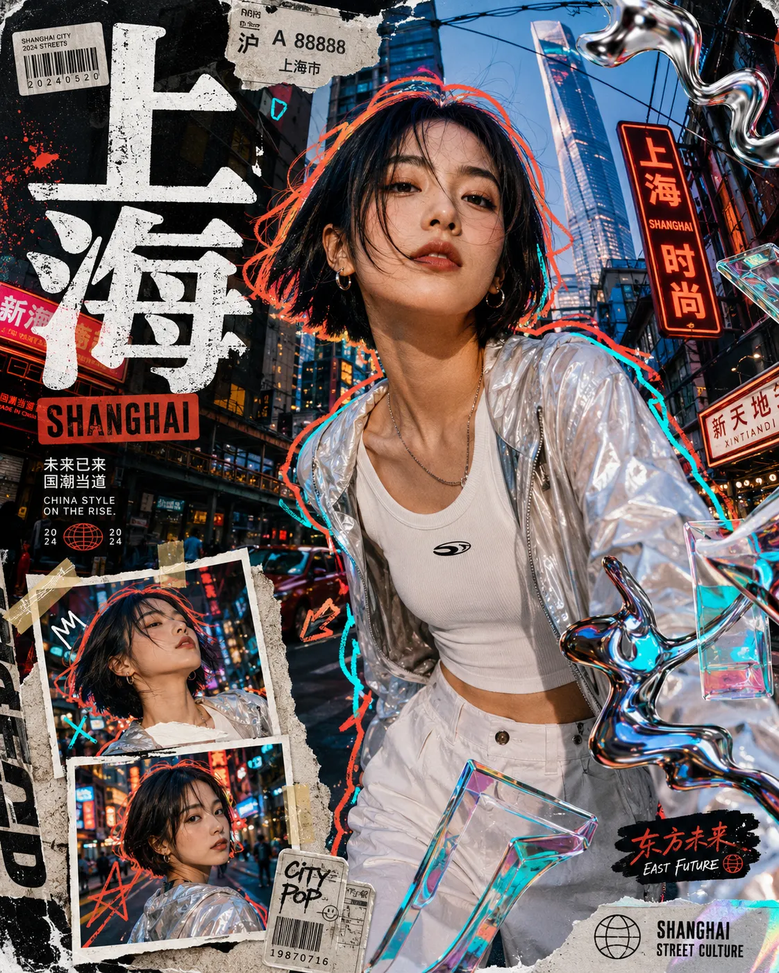 Neon Shanghai Stride — Guochao Mixed-Media Collage